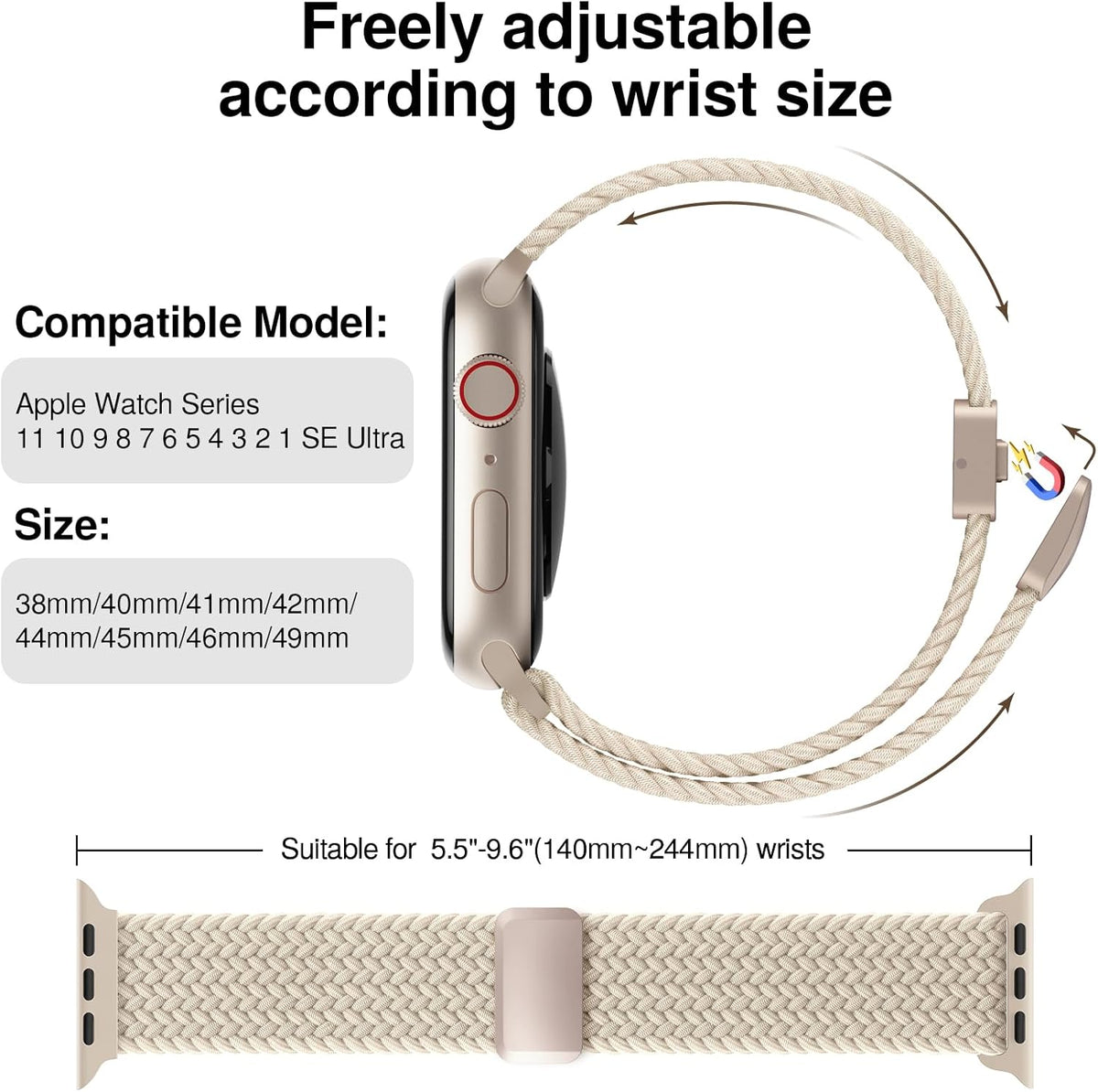 Braided Stretchy Magnetic Band Compatible with Apple Watch Bands Women Men | Soft Nylon Solo Loop 38mm 40mm 41mm 42mm