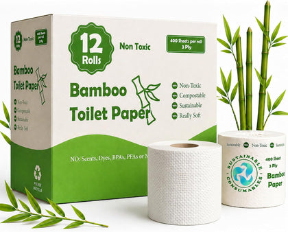 12 Rolls Healthy Organic Bamboo Toilet Paper 3-Ply 400 Sheets | Non Toxic Hypoallergenic PFAS BPA Dye Scent Free |