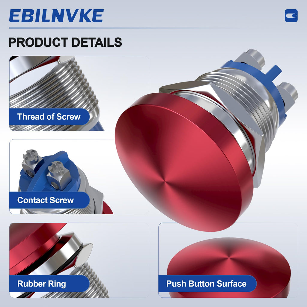 EBILNVKE 22mm Mushroom Head Momentary Push Button Switch, SPST 1NO