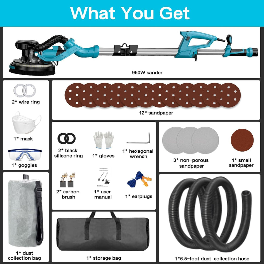 Electric Drywall Sander with Vacuum Dust Collector,Popcorn Ceiling Removal | Dustless Vacuum System;9 Variable Speed