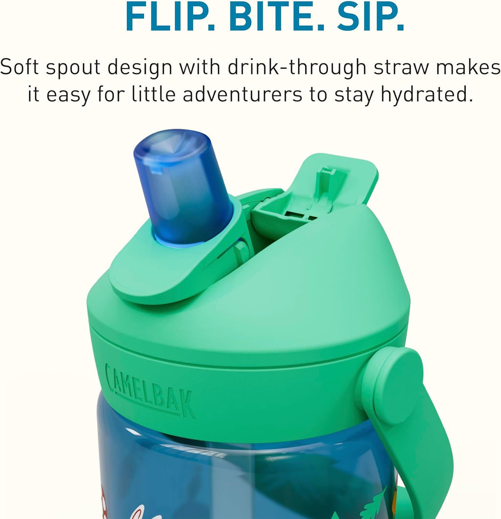 Thrive Flip Straw Kids Water Bottle with Bite Valve, Tritan Renew Design for School and Travel, 14oz, Friendly Forest
