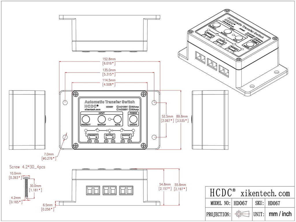 Automatic Transfer Switch, AC120V 30Amp, ATS Auto Transfer Switch, HCDC HD067/120V30A