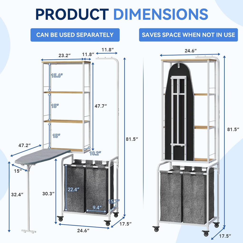 Laundry Sorter with Hanging Bar for Laundry Room, Foldable Ironing Board