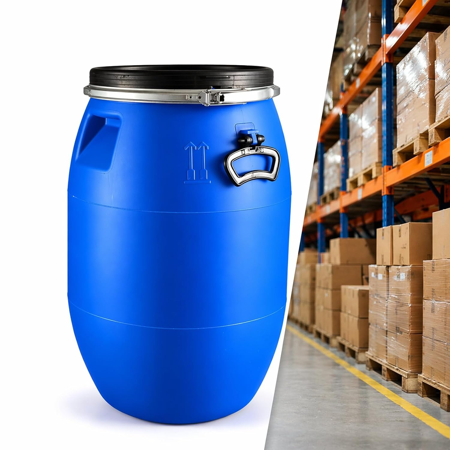 55 Gallon Rain Barrel with Lid, Multipurpose Plastic Drum for Water Storage, Feed Bin, Laundry Supplies, Basement