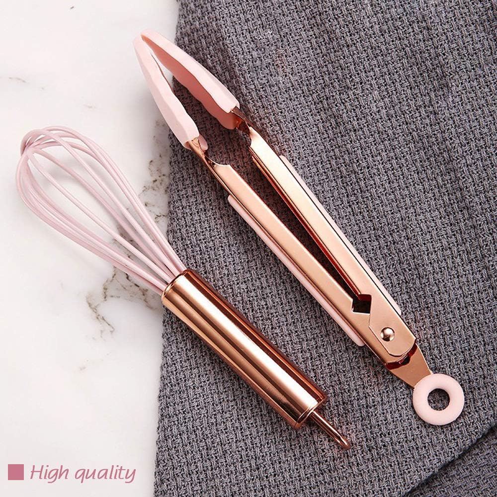 Rose Gold And Pink Kitchen Utensil Small Five-Piece Set Mini Silicone Kids Kitchen Tools Whisk Spatula Tongs Spoon