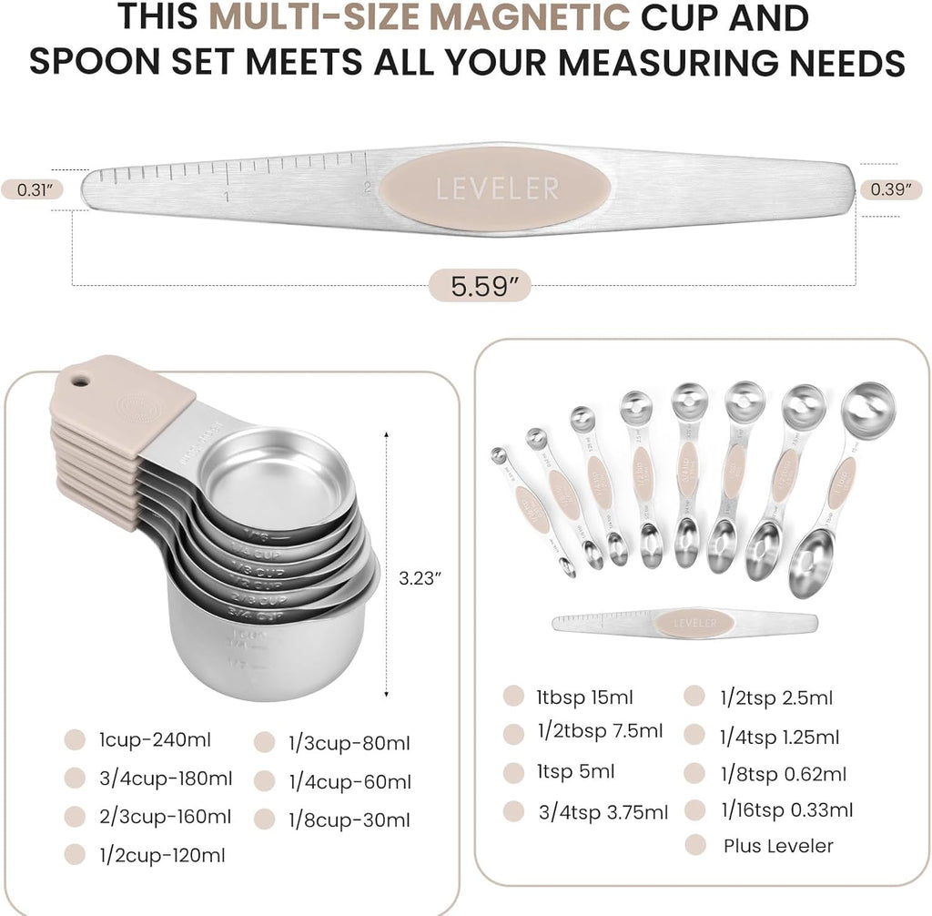 Magnetic Measuring Cups and Spoons Set-Heavy Duty 304 Stainless Steel，Double Measurement Markings，Set of 16 with