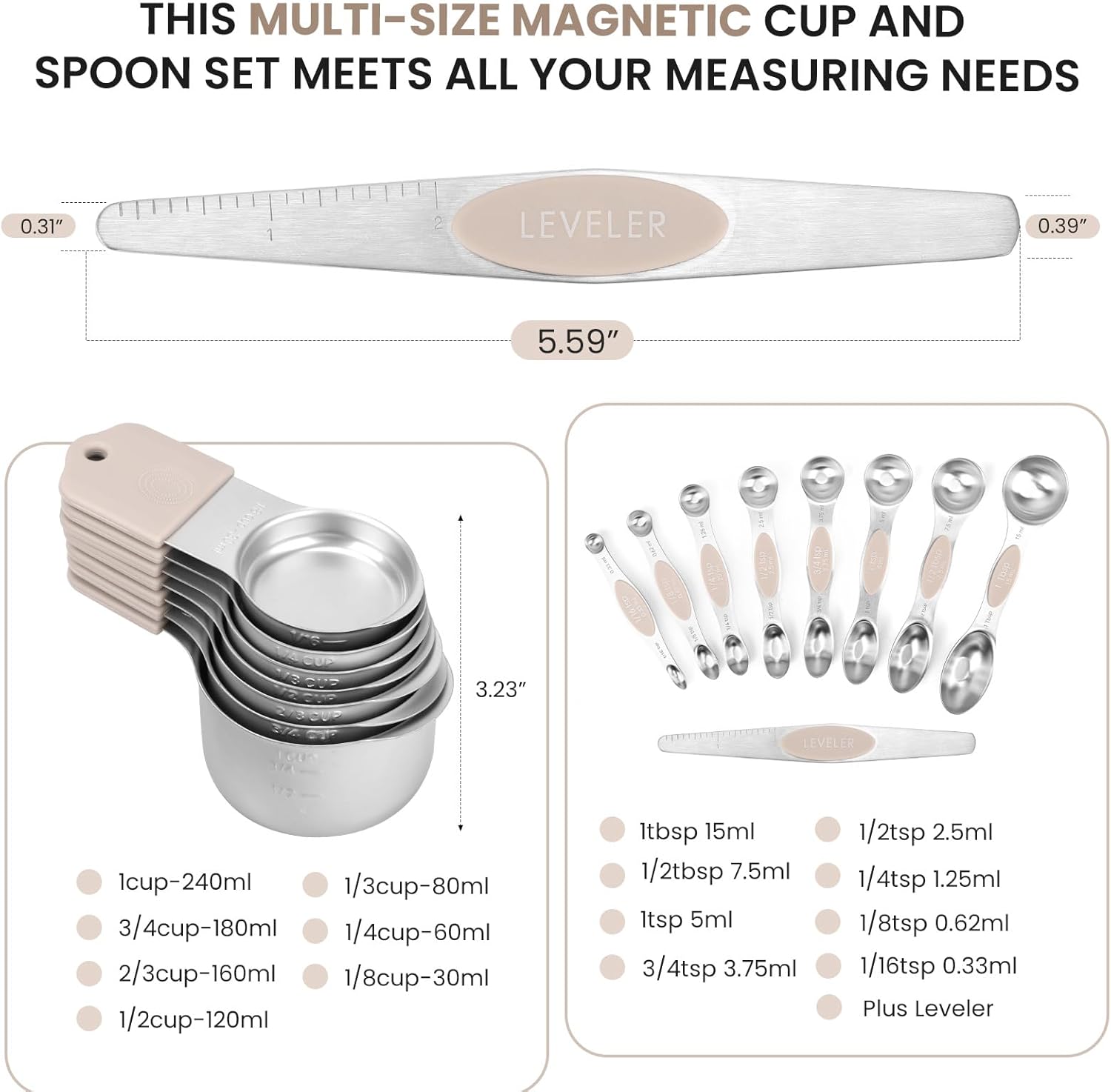 Magnetic Measuring Cups and Spoons Set-Heavy Duty 304 Stainless Steel，Double Measurement Markings，Set of 16 with
