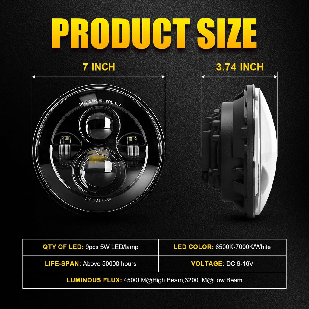 Dot Approved 7Inch Black LED Headlight with Mounting Bracket Compatible with Motorcycle Tour,FLD,Softail Heritage,Street Glide,Road King,Electra Glide,Yamaha V-Star Road Star Wrangler