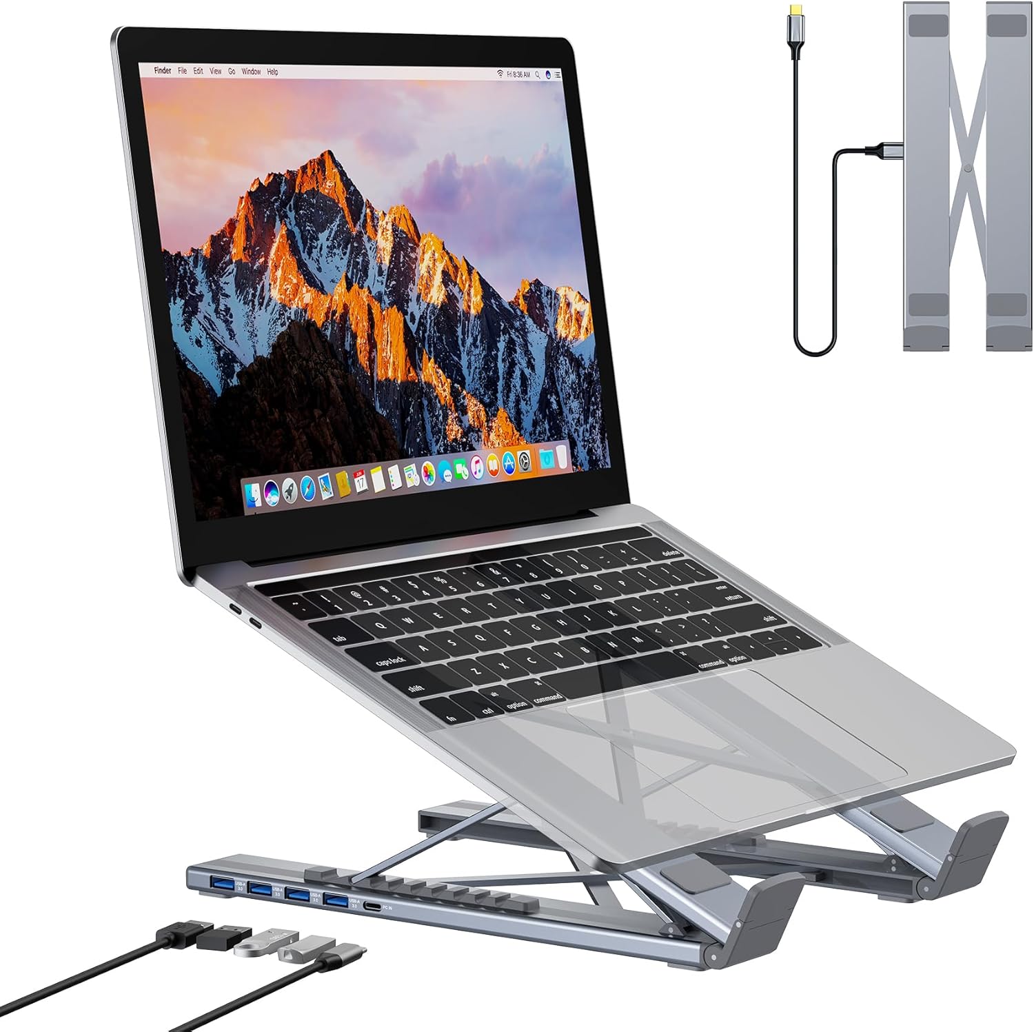 5-in-1 USB C Hub Adjustable Aluminum Laptop Stand, 4-Port USB A 3.0 with 5Gbps Data Transfer USB C Hub Docking
