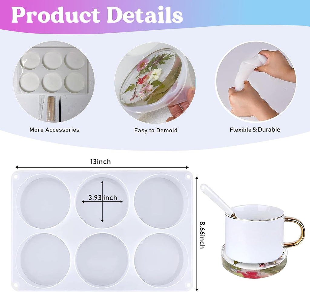 Silicone Resin Coaster Mold Set, Reusable Flexible Molds for Epoxy Resin Casting, DIY Coasters, Home Decor and