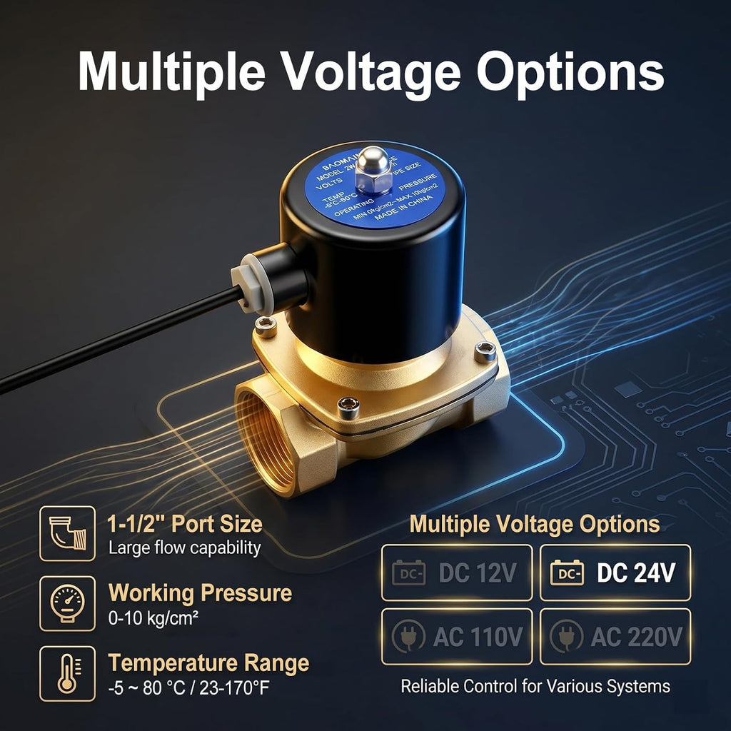 BAOMAIN 1-1/2" PT Brass Solenoid Valve DC 24V Normally Closed Valve