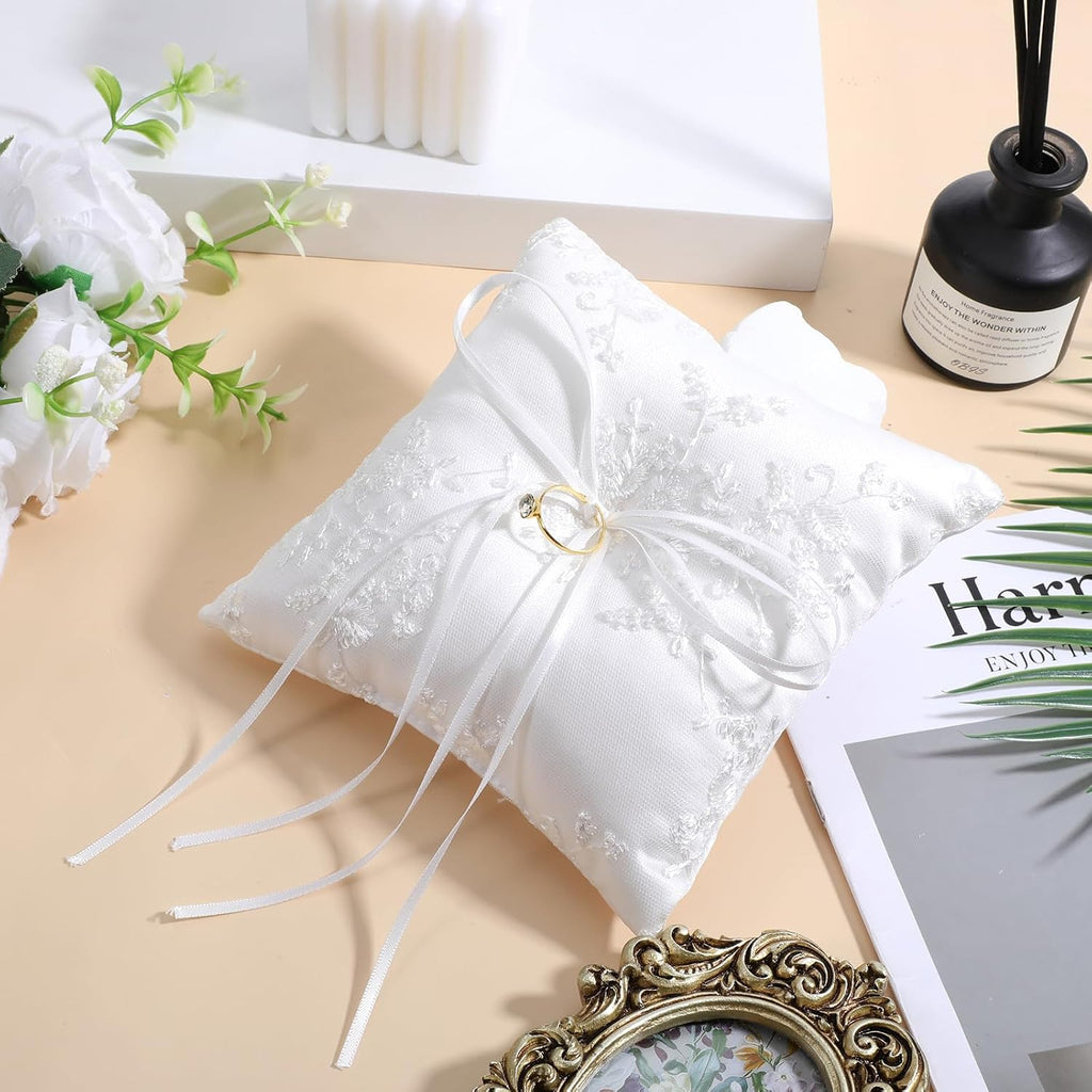 Wedding Ring Bearer Pillow, White Lace Trim Cotton Cushion Elegant Ring Holder for Wedding Ceremony and Proposal