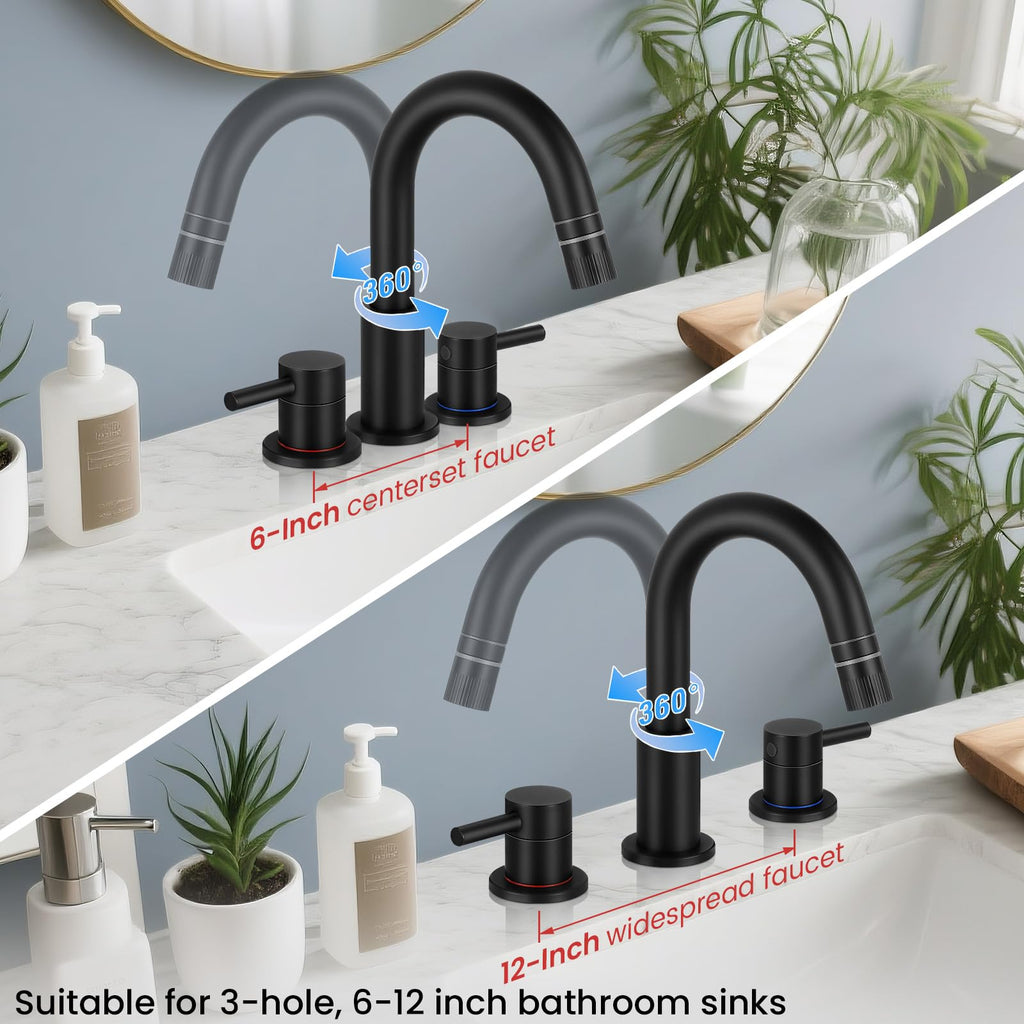 Bathroom Faucet 3 Hole with Pull Down Sprayer Matte Black, 2-Handle