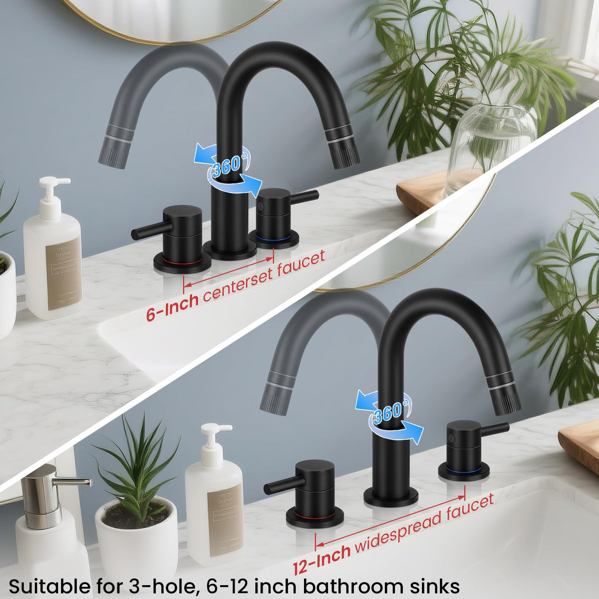 Bathroom Faucet 3 Hole with Pull Down Sprayer Matte Black, 2-Handle