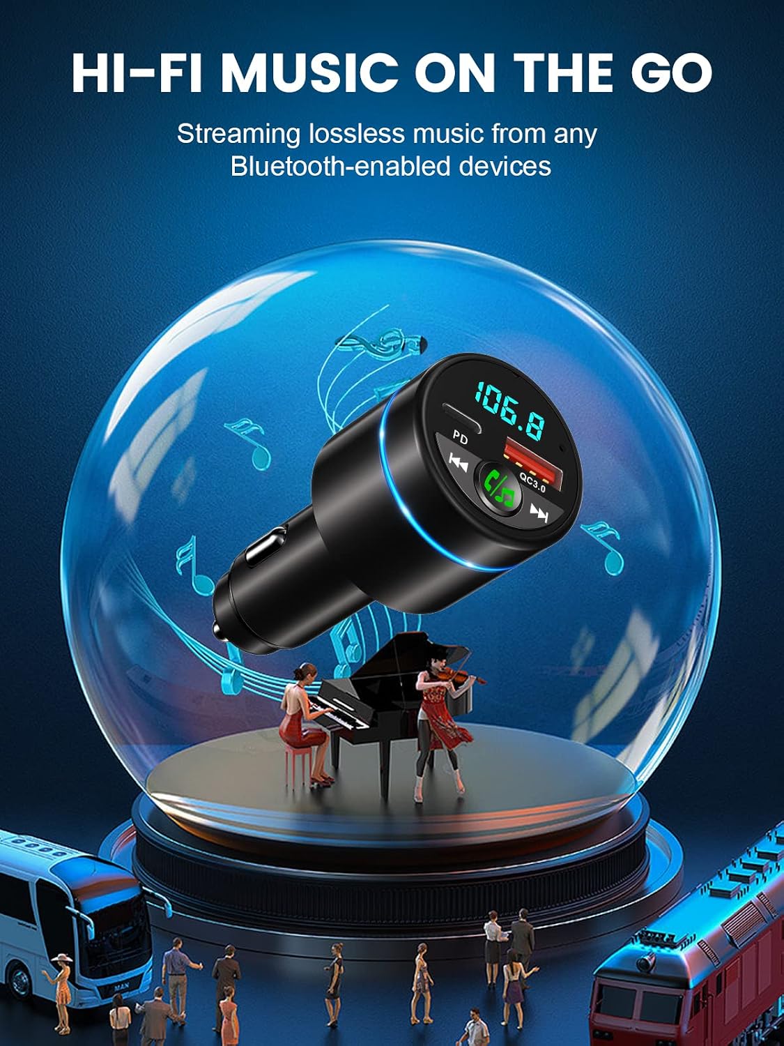 FM Transmitter for Car Bluetooth 5.3, [All-Metal] PD 30W & QC3.0 18W Fast Car Charger, Wireless FM Radio Kit