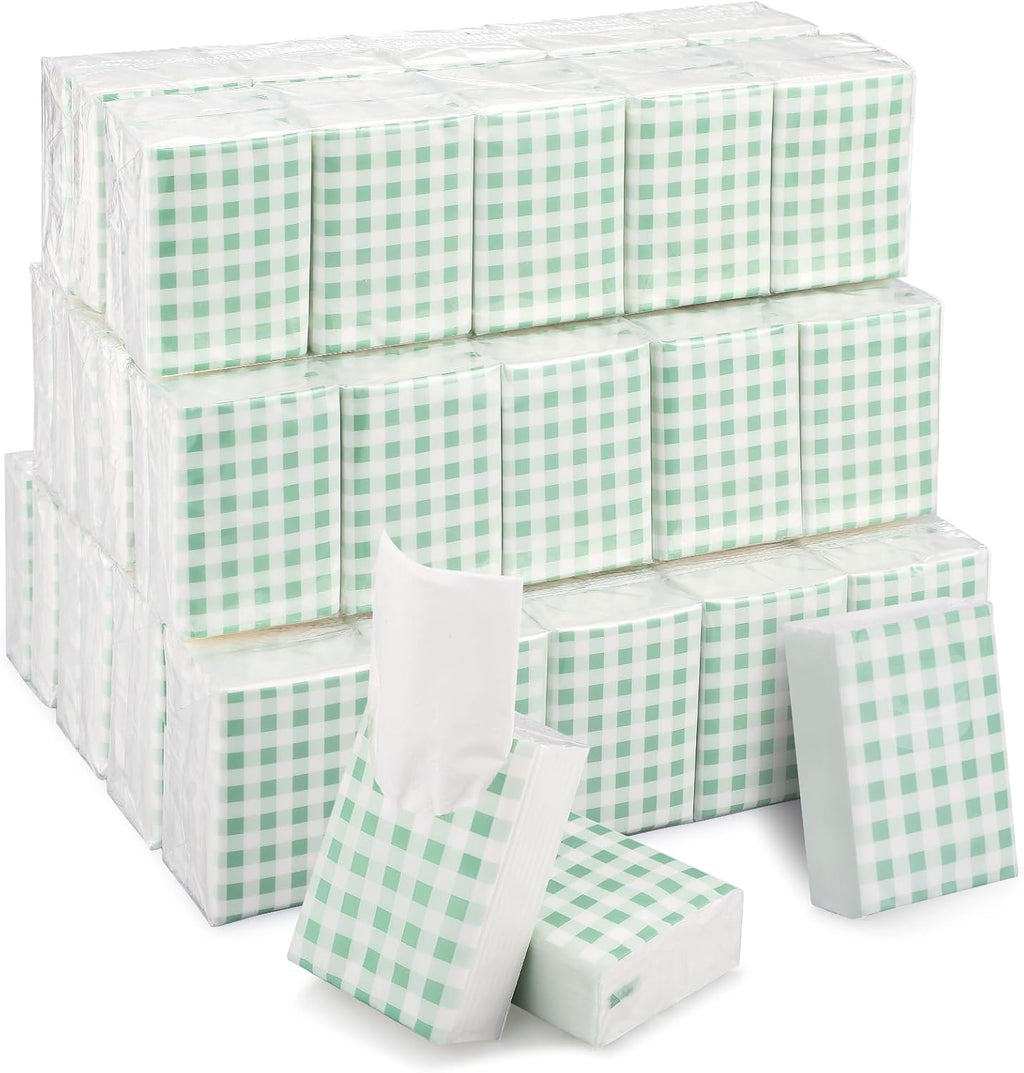 100 Pack Pocket Tissues, 3 Ply Sage Green Gingham Travel Tissues