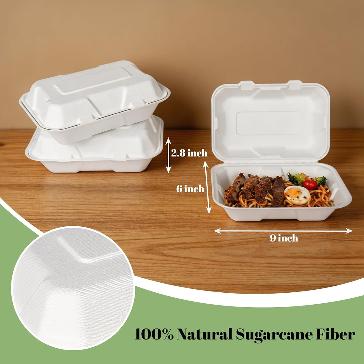 100 Pack 9×6 Inch White Compostable Bagasse Takeout Food Containers