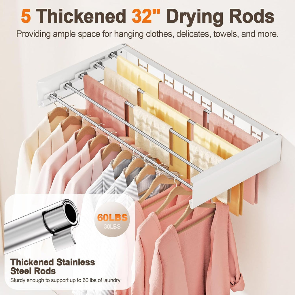 Wall Mounted Clothes Drying Rack Folding Indoor, Foldable Laundry Drying Rack Collapsible,Invisible, Space Saving