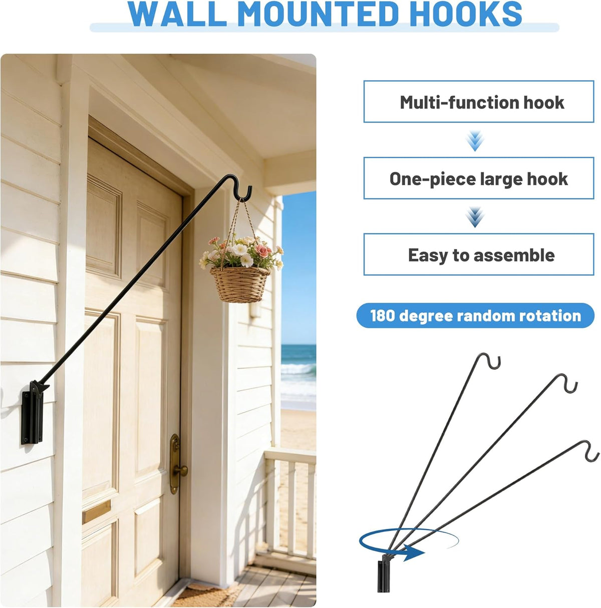 Extended Reach Deck Hook Wall Pole Wall Mounted, Extensible and Adjustable 28 inch to 43 inch Bracket for Hanging