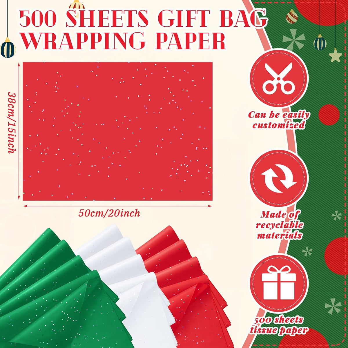 500 Sheets Tissue Paper Bulk, Red,Green,White