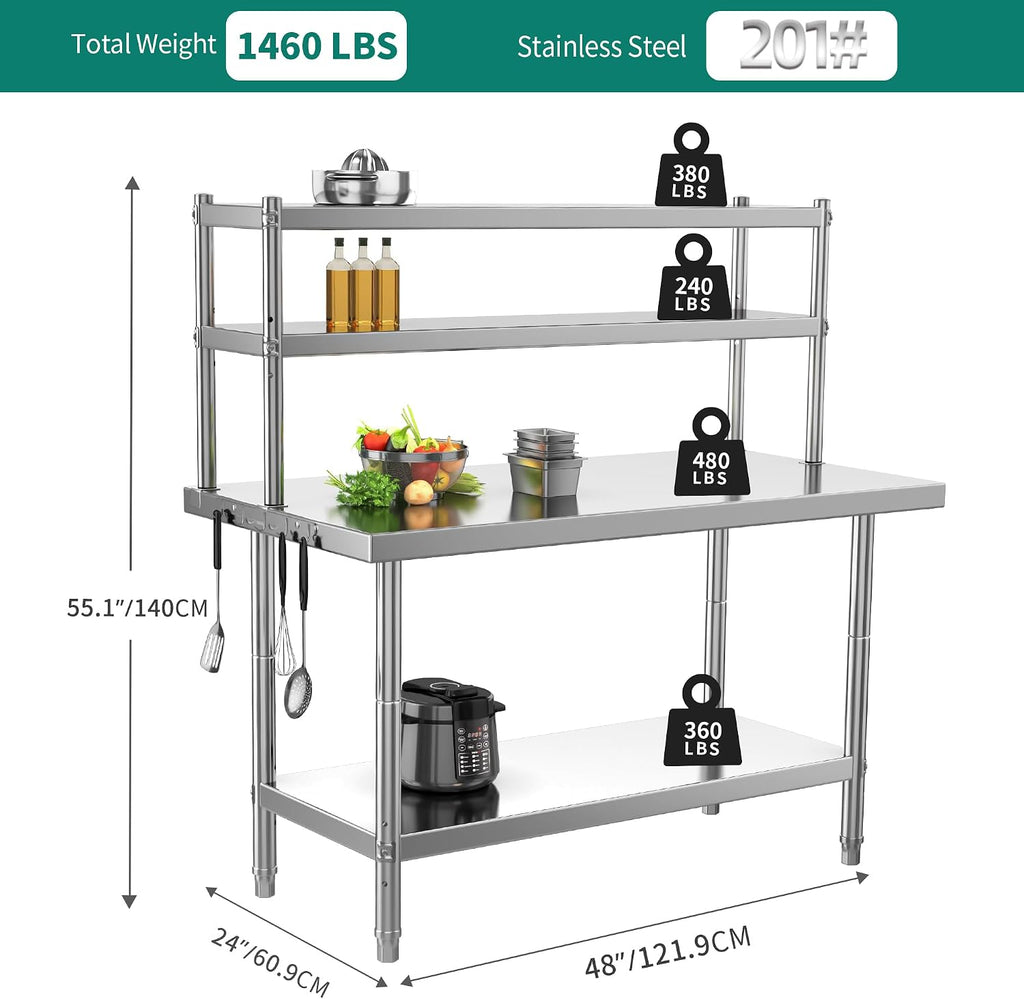 48" X 24" Stainless Steel Table with 48" X 12" Overshelves