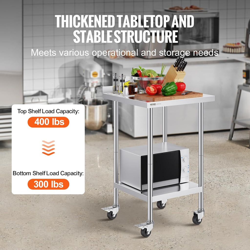24 x 24 x 40 Inch Stainless Steel Work Table, Commercial Food Prep Worktable with Casters, Heavy Duty Prep Worktable