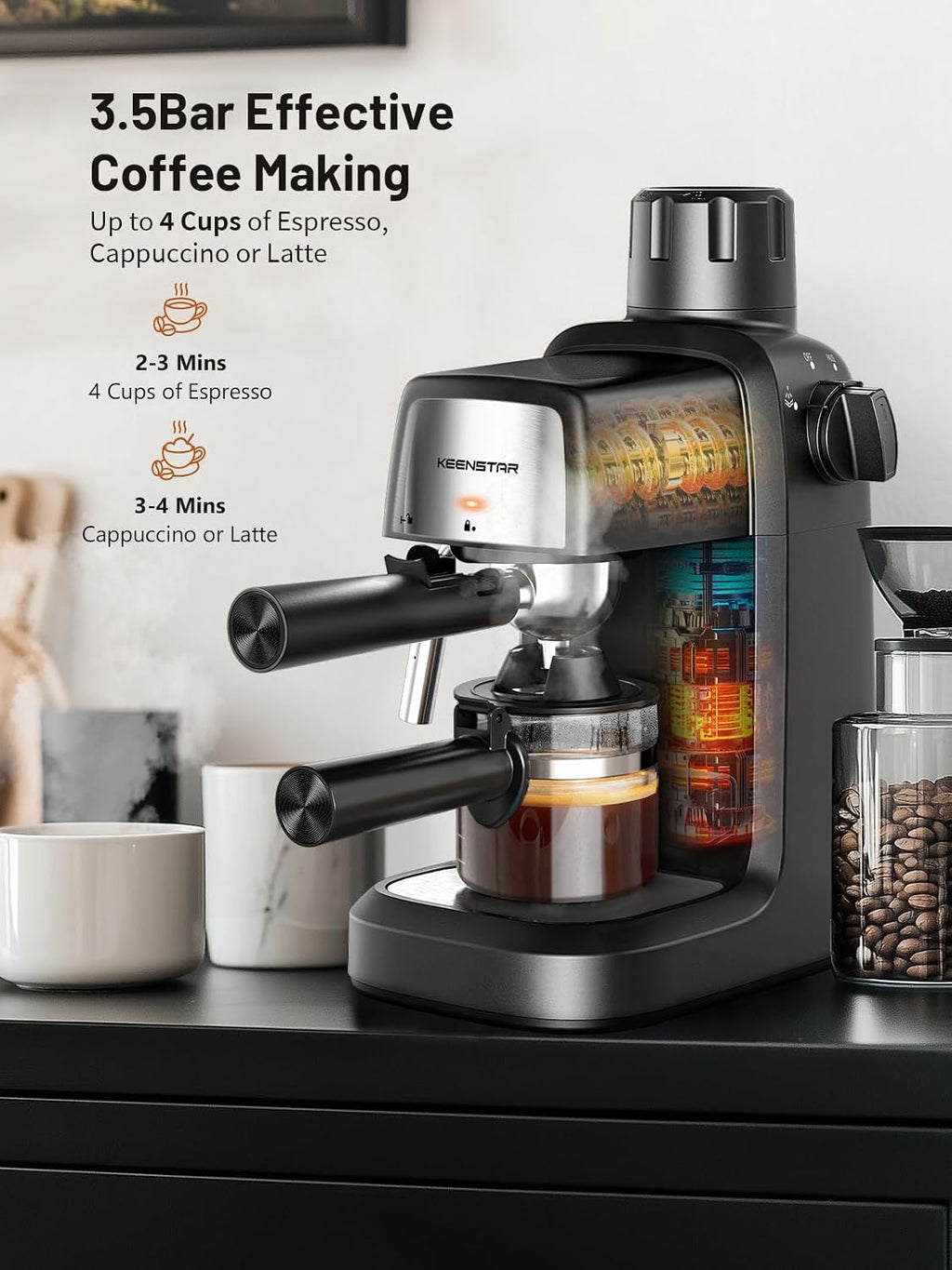 3.5Bar Espresso Machine 800W, Compact 4-Cup Espresso Maker Preheat | Fast Heating, Milk Frother Steam Wand, Espresso