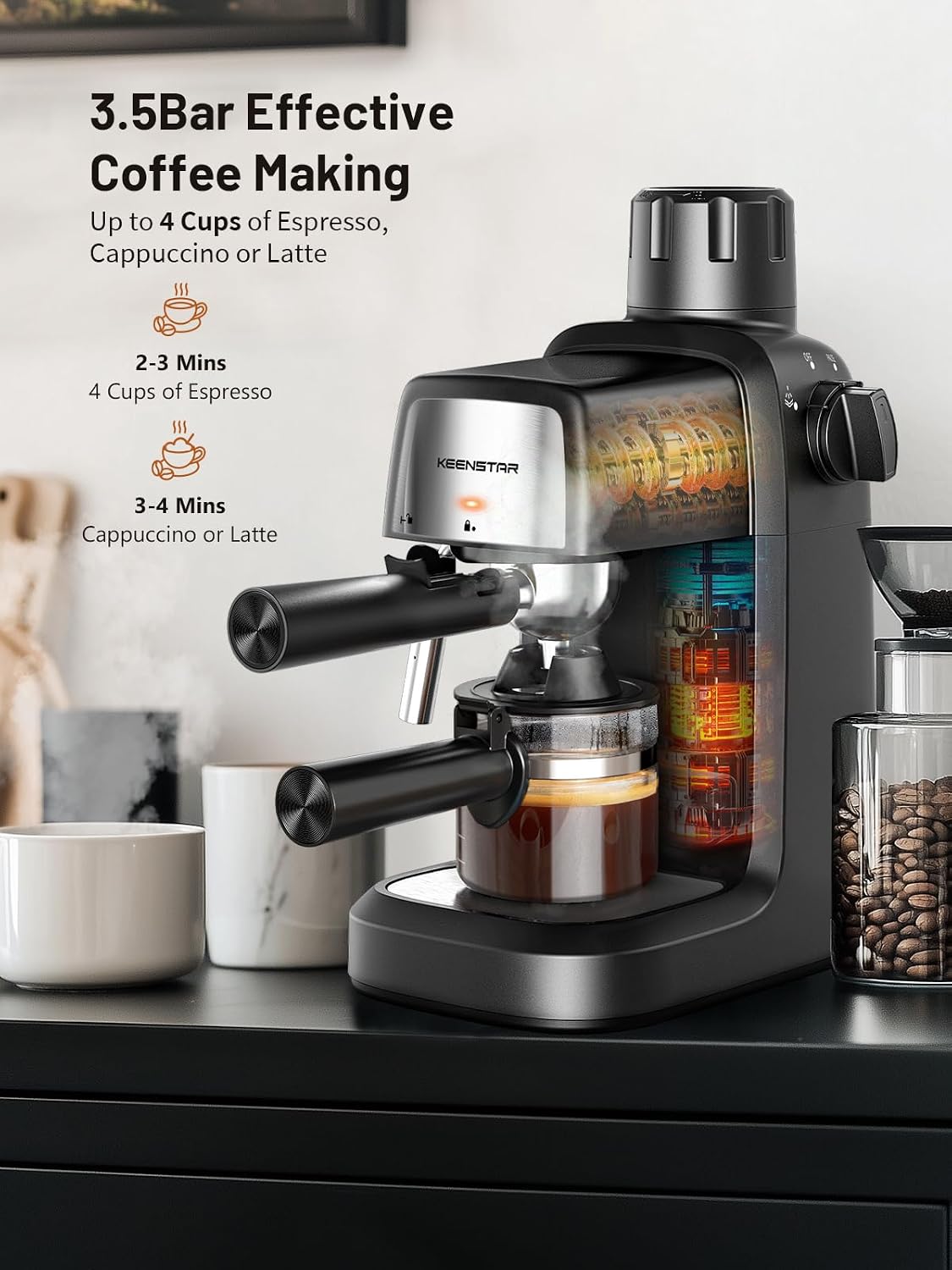3.5Bar Espresso Machine 800W, Compact 4-Cup Espresso Maker Preheat | Fast Heating, Milk Frother Steam Wand, Espresso