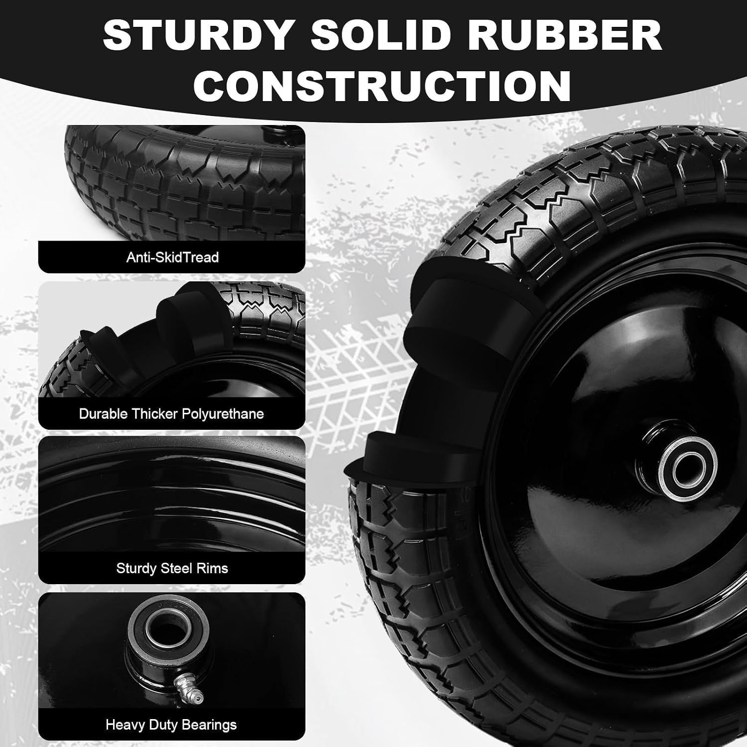 1-Pack 4.80/4.00-8 Tire - 14.5" Flat-Free Tire Wheelbarrow Tire with 3" Centered Hub, 5/8" 3/4" Bearings, Heavy Duty