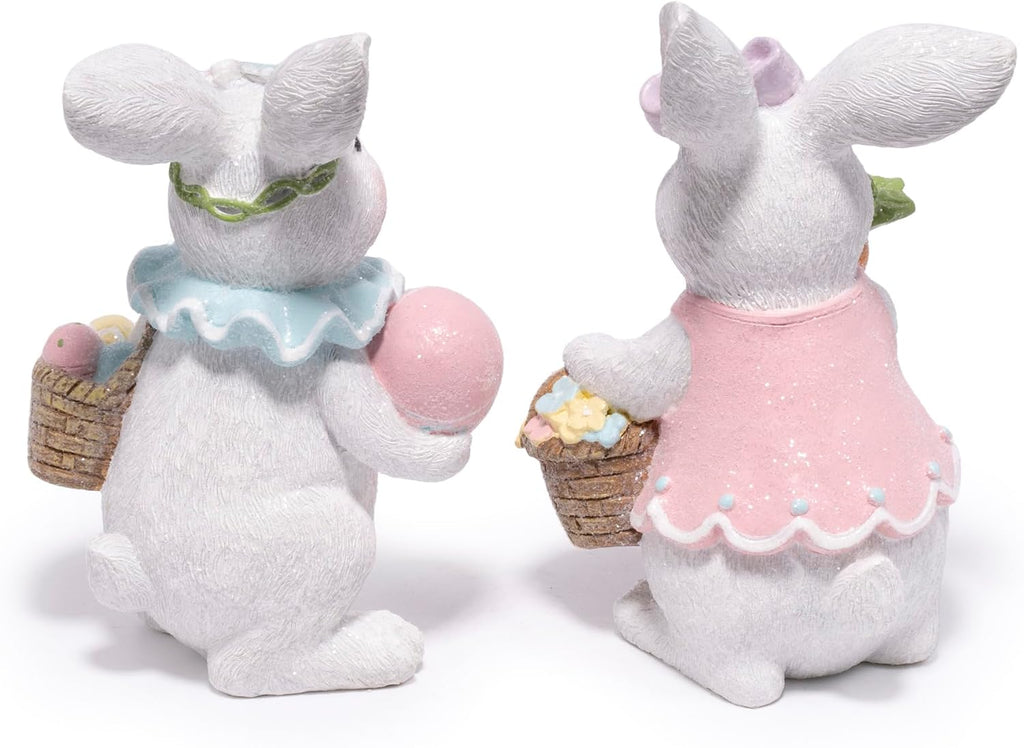 Easter Bunny Figurines Set, Spring Rabbit Decor with Easter Eggs Basket, Floral Wreath Bunny Statues, Tabletop Home