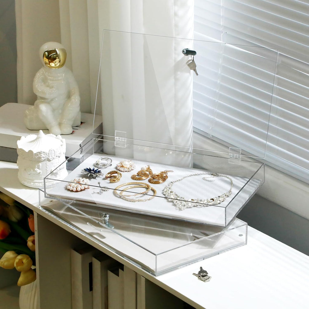 2 Pcs Acrylic Locking Jewelry Display Case Clear Ring Earring Necklace Bracelet Security Showcase with Lock and Key