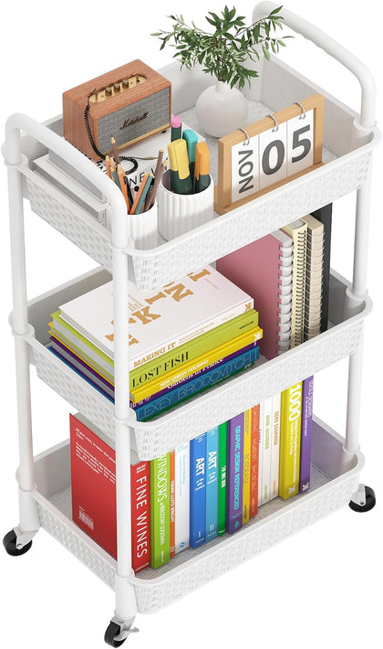 3-Tier Plastic Rolling Utility Cart with Handle,Utility Storage Cart for Office, Living Room, Kitchen,Movable Storage