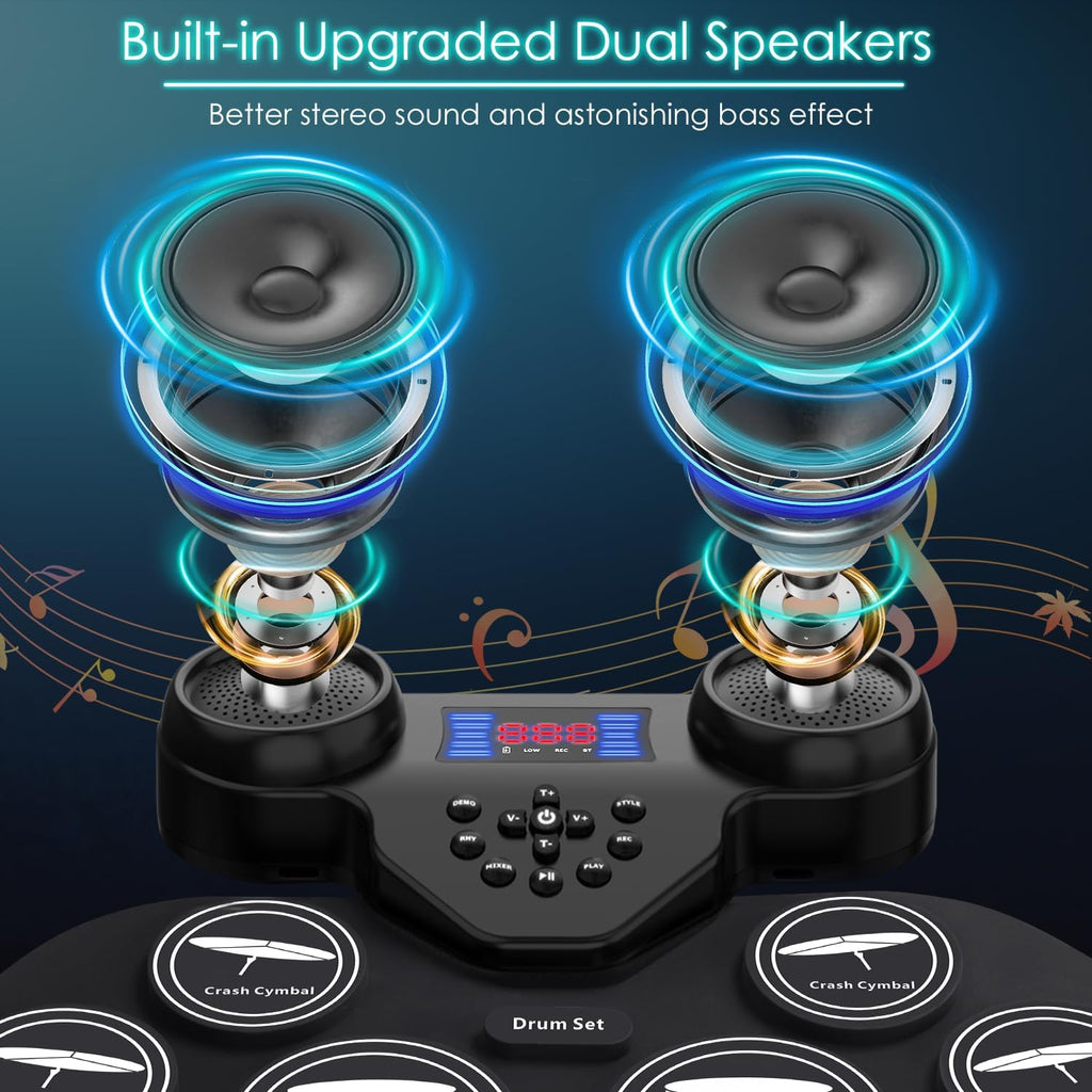 Electronic Drum Set with 7-Color LED Light Show on Strike, 9-Pad Electric Drums Set Bluetooth MIDI Support