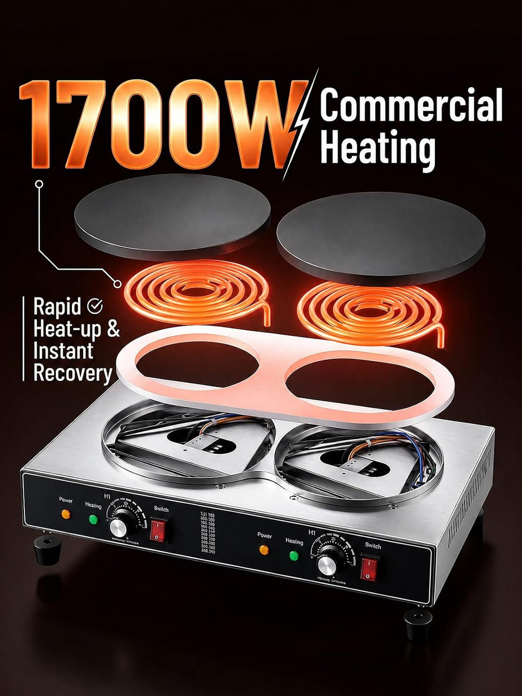 1700W Electric Crepe Maker with 2 Flat Plates, 16-Inch Commercial Crepe Machine, Stainless Steel Pancake Griddle