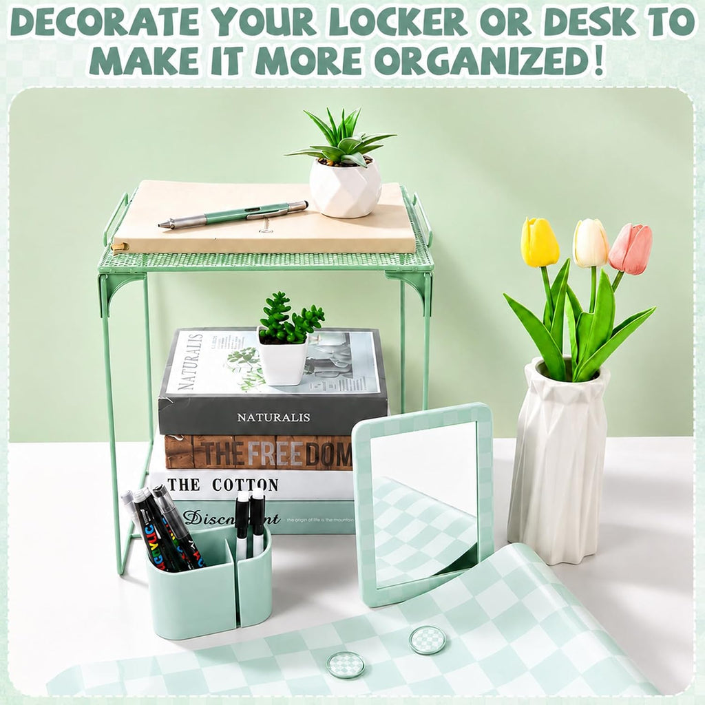 Green Checkered Locker Accessories and Organizer Kit Include Pastel Checkerboard Print Wallpaper Magnetic Mirror