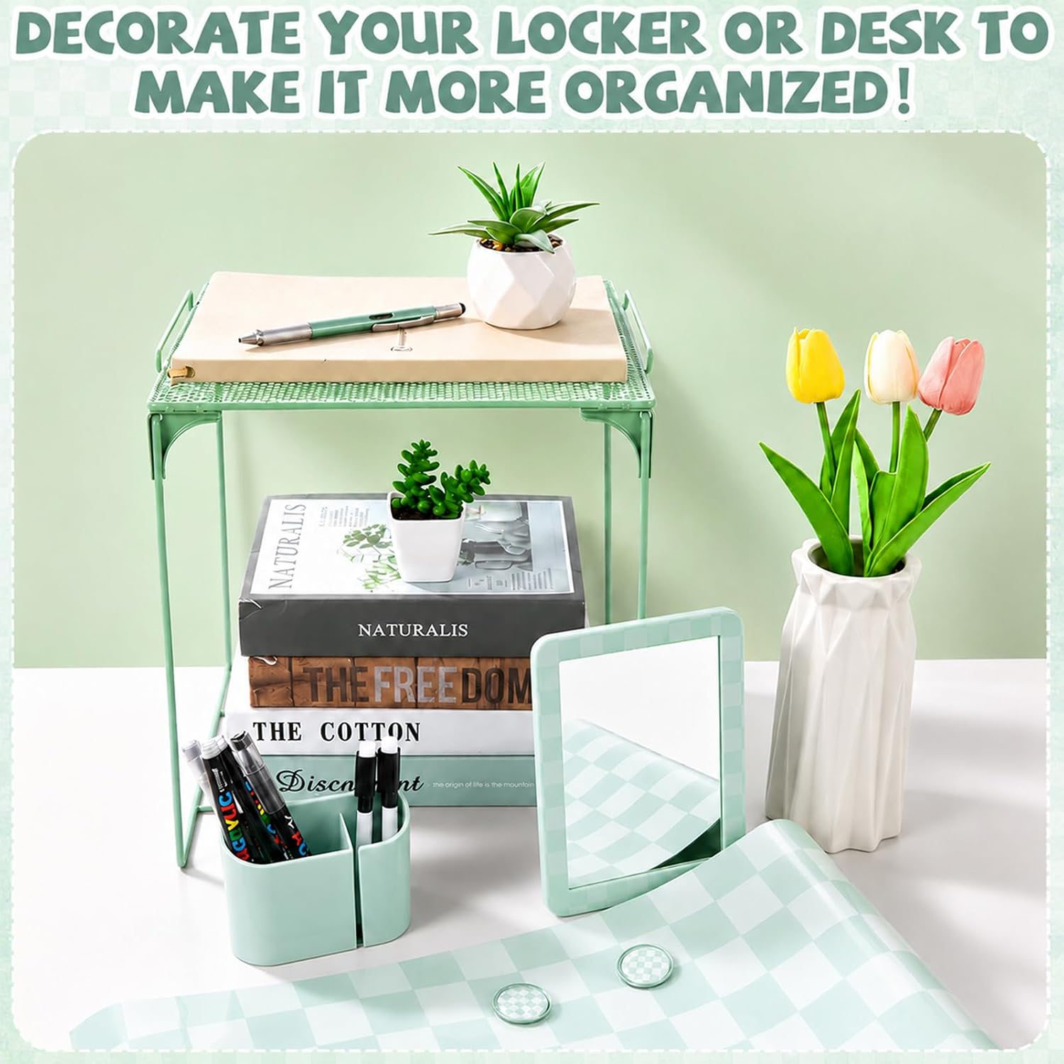 Green Checkered Locker Accessories and Organizer Kit Include Pastel Checkerboard Print Wallpaper Magnetic Mirror