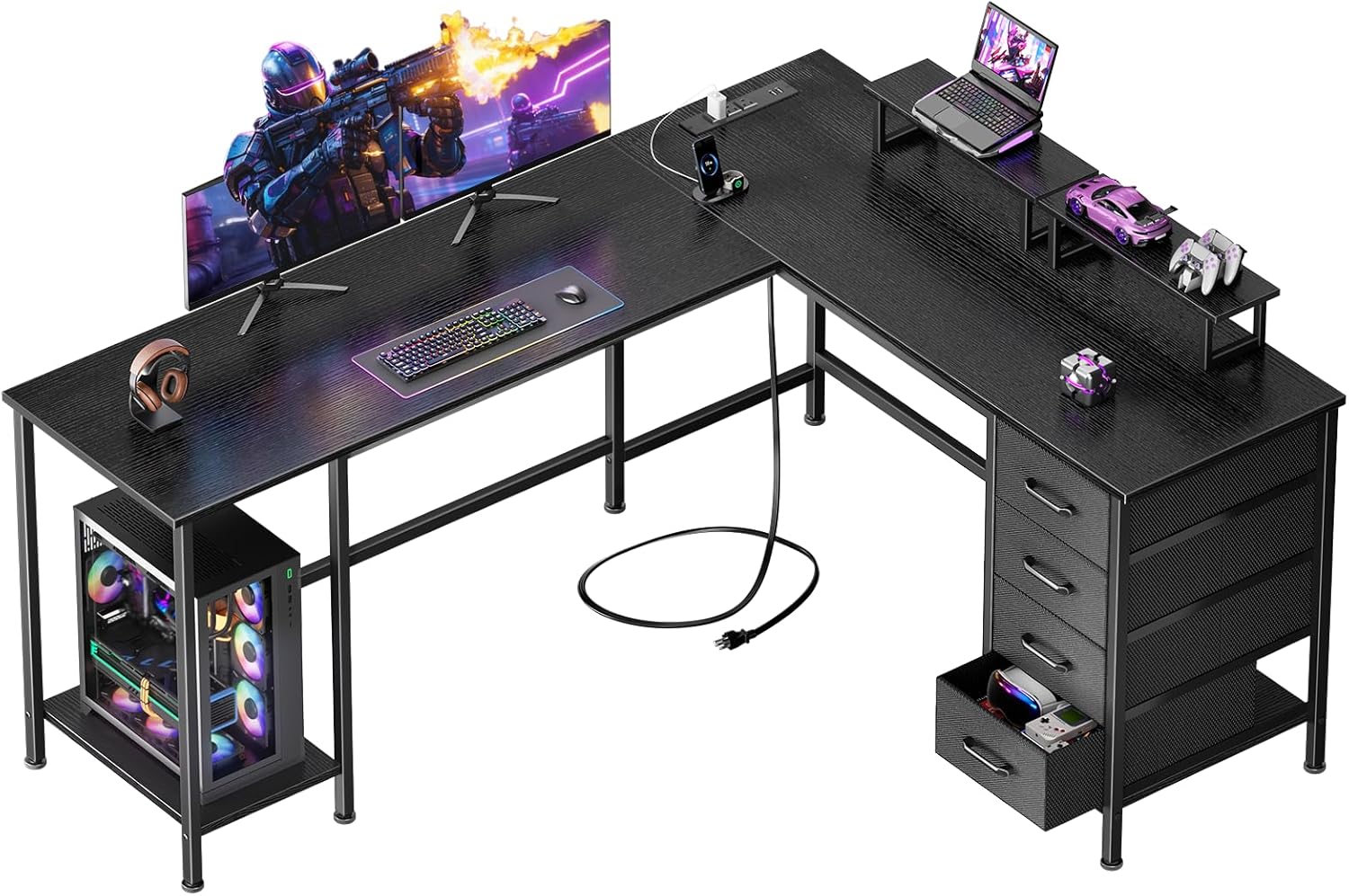 59 inch L Shaped Computer Desk with Power Outlets, Home Office Desk with 4 Adjustable Storage Drawers & 2 Monitor