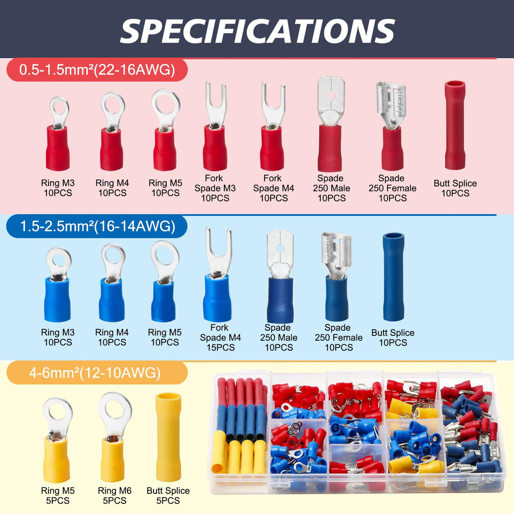 200pcs Insulated Crimp Wire Connector Terminal Assortment | Contains Ring, Butt Splice, Spade Male & Female, Fork