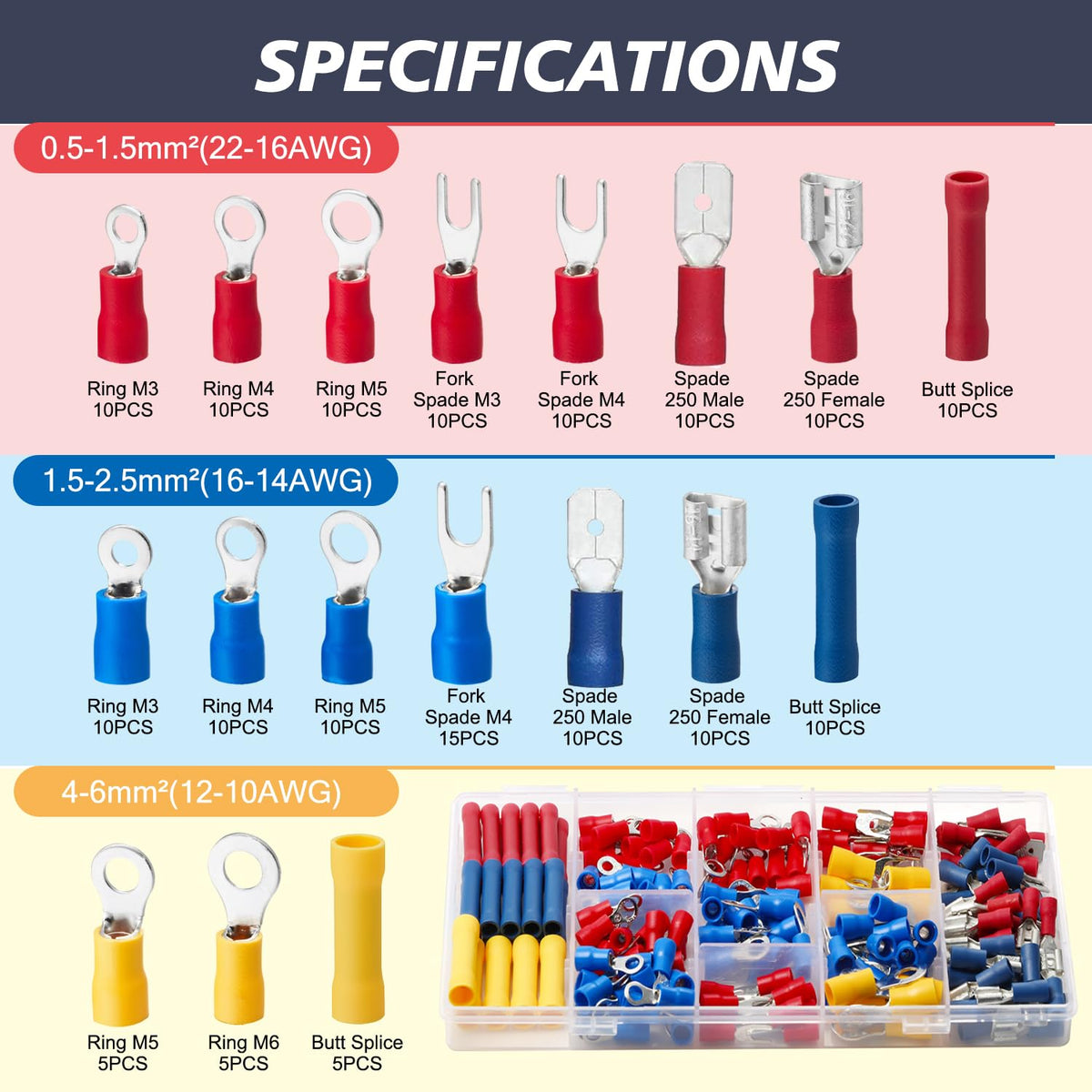 200pcs Insulated Crimp Wire Connector Terminal Assortment | Contains Ring, Butt Splice, Spade Male & Female, Fork