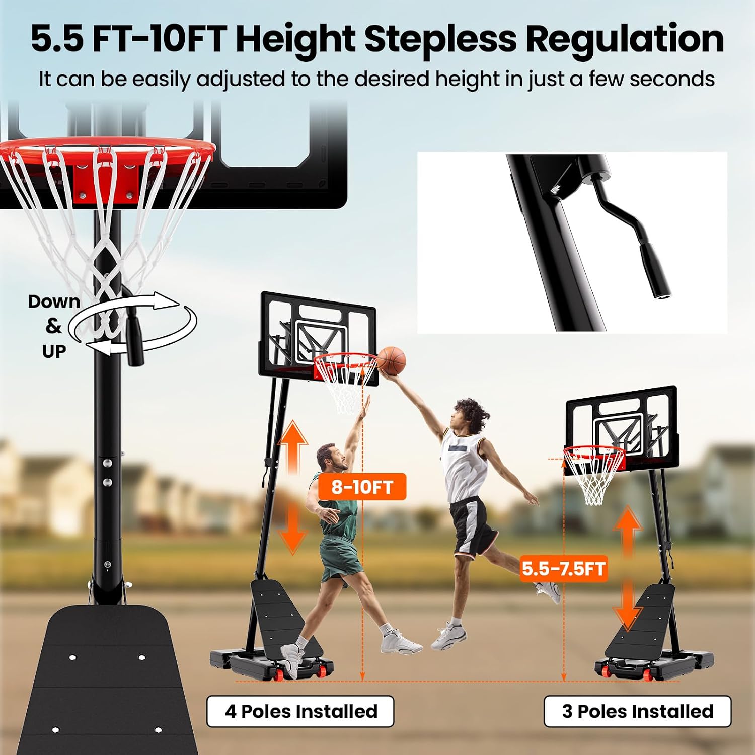 Basketball Hoop, 40&44&48IN Backboard with Portable Wheels | 10FT Hand-Crank Adjustable Basketball Goal System