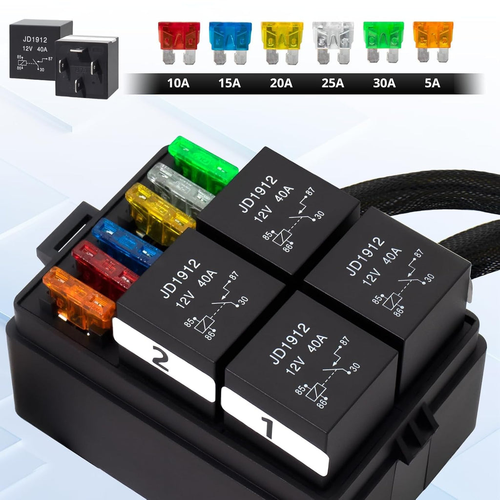 12V Pre-Wired Fuse and Relay Box Kit with 4 x 40A Relays & 6 ATC/ATO Fuses, Universal 4-Pin Relay Block for Cars, Trucks