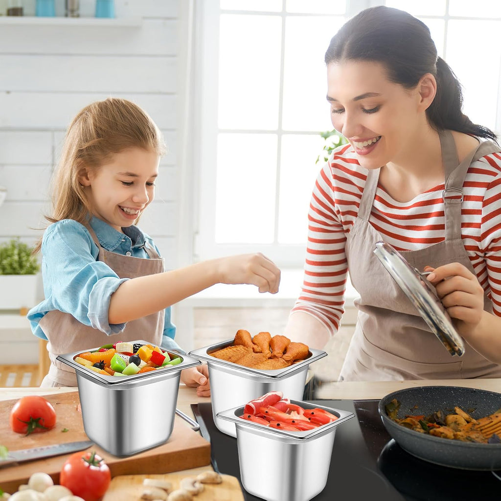 12 Pcs Stainless Steel Hotel Pan with Lids 1/6 Size, 5.9 Inch