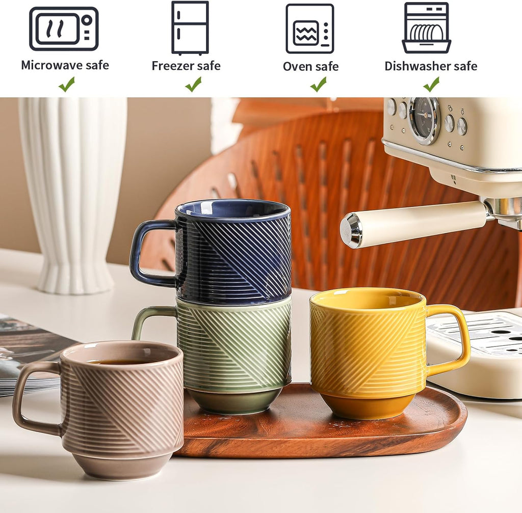 Stackable Coffee Mugs Set of 4, Microwave Safe 13 oz Multicolor