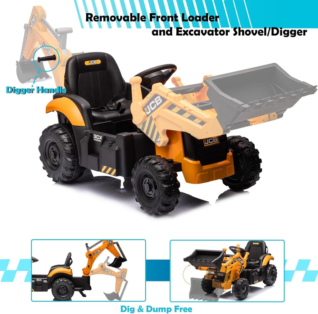 24V 3 in 1 Ride on Tractor, Excavator & Bulldozer for Kids, Licensed JCB Electric Vehicle w/Remote Control, Front