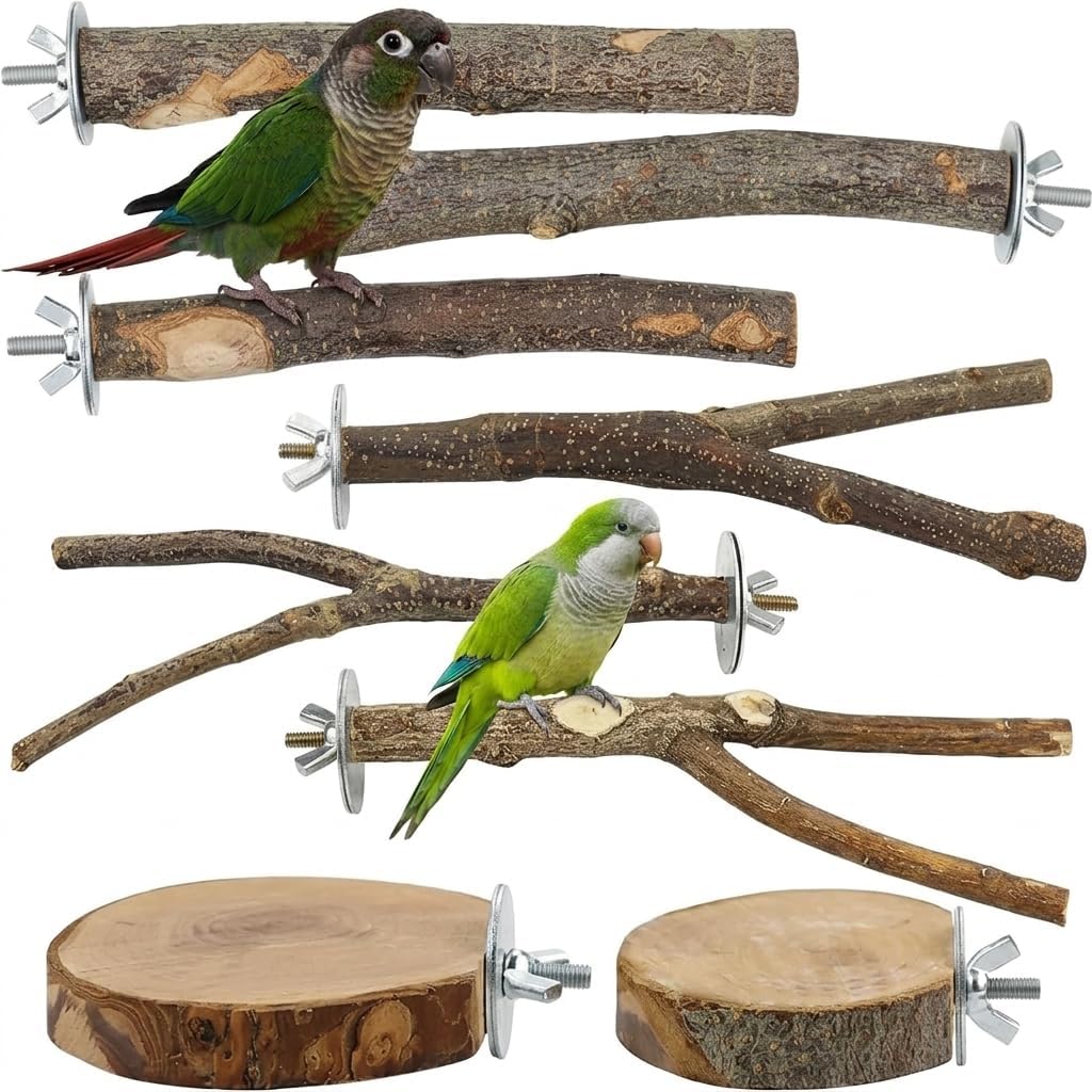 8-Piece Set Natural Wood Bird Perches - Wooden Parrot Stand with Fork Toys, Hanging Multi-Branch Platform, Hammock