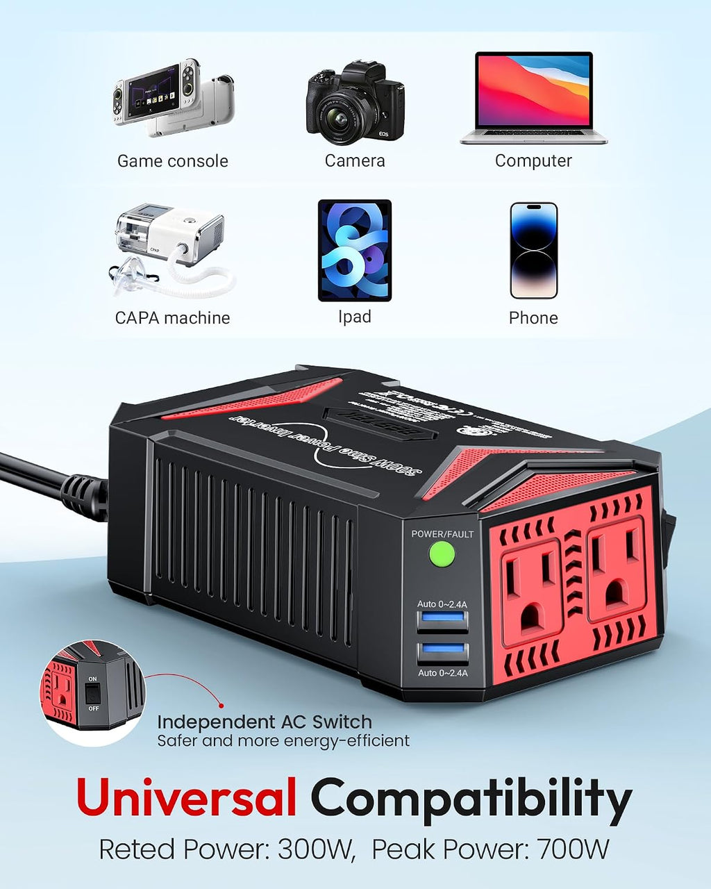 Pure Sine Wave Power Inverter, 300W DC 12-17V to 110V AC Car Adapter | Vehicle Plug in Cigarette Lighter Outlet Solar