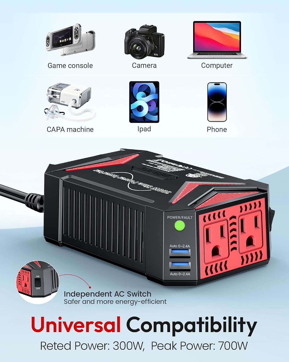 Pure Sine Wave Power Inverter, 300W DC 12-17V to 110V AC Car Adapter | Vehicle Plug in Cigarette Lighter Outlet Solar