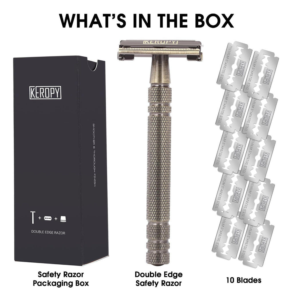 K eropy Butterfly Open Safety Razor for Men, Bronze | 10 razor blades, long handle, Pressure-free Close shave