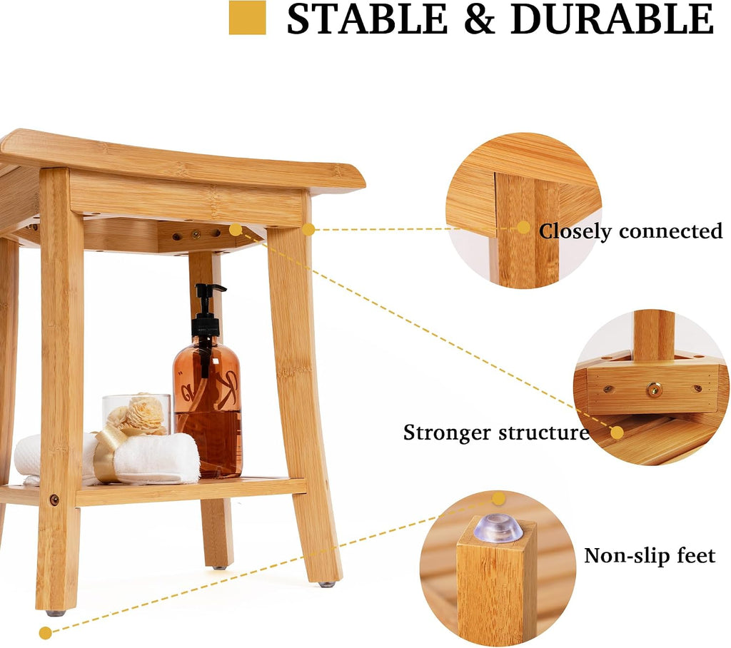 Bamboo Shower Bench Inside Shower Stool with Storage Shelf, Spa Bath Chair for Bathroom, Seat or Organizer for Living