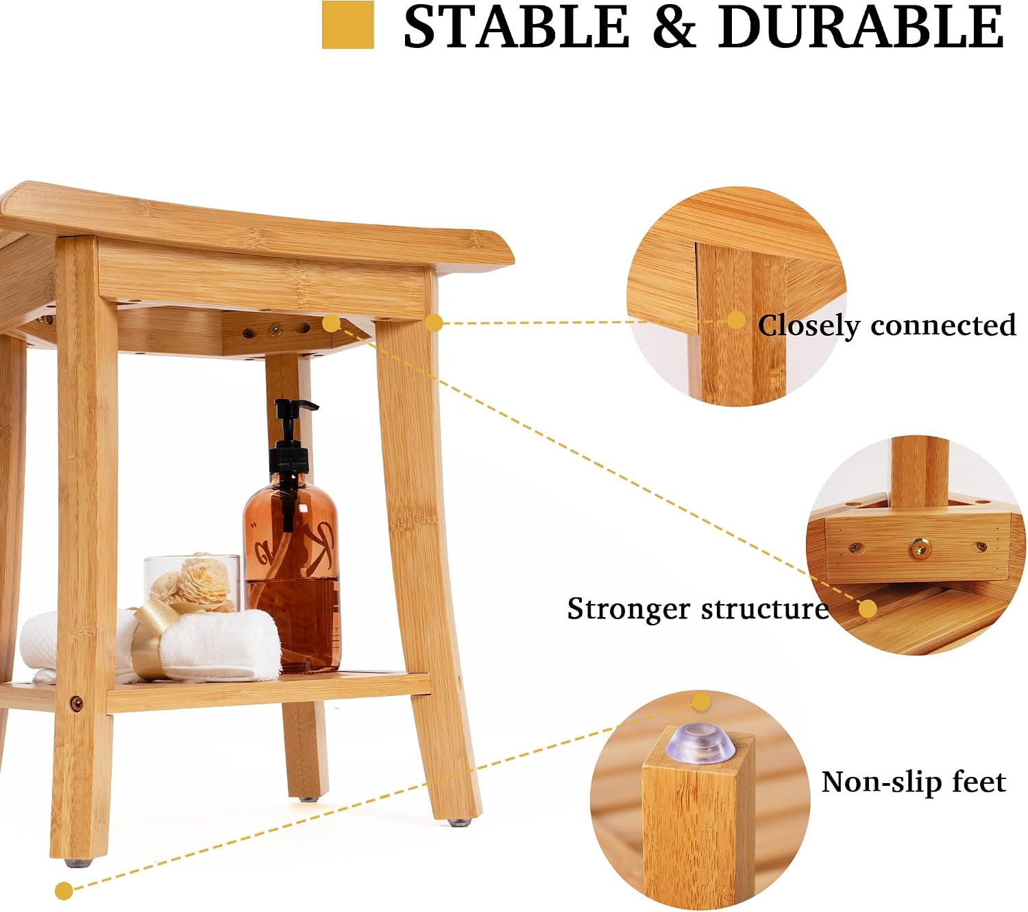 Bamboo Shower Bench Inside Shower Stool with Storage Shelf, Spa Bath Chair for Bathroom, Seat or Organizer for Living